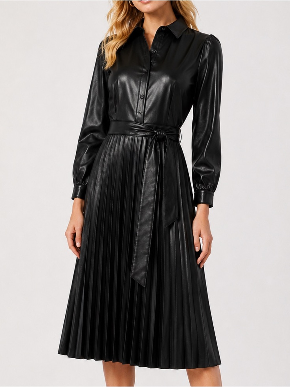 Black Faux Leather Pleated Skirt Dress